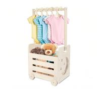Mounting UP Wooden Hamper Basket with Wheels & Higher Handle, Pushable Shower Gifts Basket Closet Storage With Clothes Rail Welcome Gift For Family Easy Assembly Natural Wood