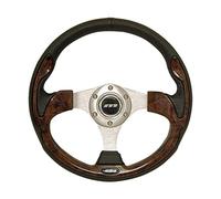 Mountney M32X3VV9S M Range Steering Wheel , Silver Anodised Center, 3 Spoke, Black Leather With Wood Look Inset, 320mm In Diameter