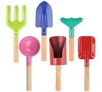 MOUNTTU 6Pcs/Set Kids Gardening Tools, Colorful Beach Toys with Rake, Shovel, Trowel and More, Iron Toddler Gardening Set with Wooden Handle for Kids Outdoor Toys Gifts Garden Tools Beach Playthings