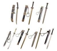 MOUNTTU 7PCS Mini Sword, 4.7" Ancient Sword Keychain Chinese Keychain Zinc Alloy Key Chain Old Scabbard Decoration Pattern Keychain Uncut Blade Model for Men Women Purse Charm Bag Charm Keychain