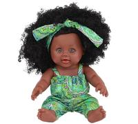 MOUNTTU Black Baby Dolls, 14 inch Soft Vinyl African American Baby Doll with Dress, Posable Realistic Small Doll with Curly Hair for Kids Birthday Gift, Style 2 Small African American