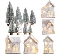 MOUNTTU Christmas Village Set - Light Up Flocked White Houses with 8 Mini Trees, Battery Powered Wooden Winter Village for Tabletop, Shelf, Mantel