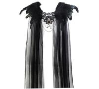 MOUNTTU Feathers Shawl, Halloween Tulle Cape with Black Feathers Cosplay Super Villain Gothic Cloak Cape for Party, Costume, Cosplay Witch Sheer