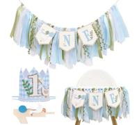 MOUNTTU One Silly Gooses Birthday Decor Boy, 80 Inch High Chair Banner with Party Hat & Cake Topper, 1st Birthday Decorations Boy 1st Decorations High Chair Banner Blue