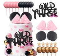 Mouse Cake Topper Wild Three Cake Decor Pink Bow Ears Cake Decorations for Girl Birthday Baby Shower Party Supplies
