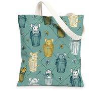 Mouse Canvas Tote Bag for Women, Playful Fanciful Trash Can Flower Spring Teal Washable Reusable Market Tote Bag Ideas for, Teal, 13x15 Inch
