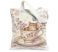 Mouse Canvas Tote Bag for Women, Spring Fanciful Cup Cherries Blossoms Spring Pastel Peach Washable Reusable Small Tote Bag, Pastel Peach, 13x15 Inch