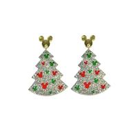 Mouse Christmas Tree Dangle Earrings, Silver Glitter with Red and Green Accents, Holiday Jewelry
