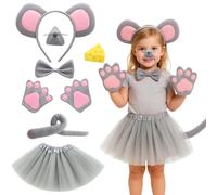 Mouse Costume,Mouse Ears,7 Pcs Rat Costume Kids with Mouse Ears Headband Tail Nose Bow Tie Gloves Dress Cheese Toy,Carnival Costume World Book Day Costumes for Girls for 14+ Years Old