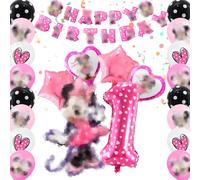 Mouse Decorations 23PCS - Happy Birthday Banner, Balloons, 1st Birthday Themed Party Supplies, Pink Decorations