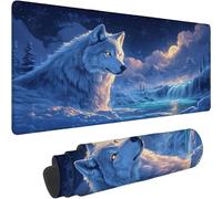 Mouse Mat 1400 x 700 x 3mm Large Mouse Mat Non Slip Rubber Base, Soft Textured Surface with Stitched Edges, Waterproof Desk Mat for PC, Laptop, Laser Mice for Office, Gaming Blue Wolf Printing xn-485