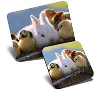Mouse Mat & Coaster Set - Baby Bunny Rabbit and Chicks 23.5 x 19.6 cm & 9 x 9 cm for Computer & Laptop, Office, Gift, Non-slip Base #44195