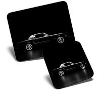 Mouse Mat & Coaster Set - BW - Black Mustang Retro Car 23.5 x 19.6 cm & 9 x 9 cm for Computer & Laptop, Office, Gift, Non-slip Base #39301