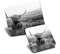 Mouse Mat & Coaster Set - BW - Fluffy Highland Cow Scotland 23.5 x 19.6 cm & 9 x 9 cm for Computer & Laptop, Office, Gift, Non-slip Base #36672