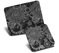 Mouse Mat & Coaster Set - BW - Steampunk Gears Pattern Clockwork 23.5 x 19.6 cm & 9 x 9 cm for Computer & Laptop, Office, Gift, Non-slip Base #43594