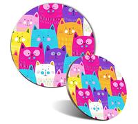 Mouse Mat & Coaster Set - Colourful Cats Cartoon Cat Print 20 cm & 9 cm for Computer & Laptop, Office, Non-slip Base #13233