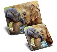 Mouse Mat & Coaster Set - Cute Elephants Family Animal 23.5 x 19.6 cm & 9 x 9 cm for Computer & Laptop, Office, Gift, Non-slip Base #3711