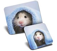 Mouse Mat & Coaster Set - Cute Hamster Mouse Rodent Mice 23.5 x 19.6 cm & 9 x 9 cm for Computer & Laptop, Office, Gift, Non-slip Base #14886