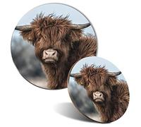 Mouse Mat & Coaster Set - Fluffy Brown Highland Cow Scotland 20 cm & 9 cm for Computer & Laptop, Office, Non-slip Base #16296