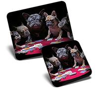 Mouse Mat & Coaster Set - French Bulldogs Playing Cards Dog 23.5 x 19.6 cm & 9 x 9 cm for Computer & Laptop, Office, Gift, Non-slip Base #21556