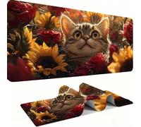 Mouse Mat, Desk Mat Large 900x400x3 mm XL Mousepad - Mouse Pad Gaming - Improved Precision and Speed - Non-Slip Rubber Base, Waterproof Surface, Stable on Smooth Surfaces (90x40 Sunflower Cat) j0xk154