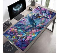 Mouse Mat, Large Gaming Mouse Pad, 100 x 40cm Non-Slip Rubber Base Desk Pad with Water-Resistant Surface, Precision Control Computer Keyboard Mat for Gaming, Office Laptop Dolphin Blue PjY6743 L-5