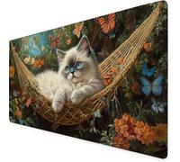 Mouse Mat White Mouse Pad Cat Gaming Desk Mat Large 600x300x3mm, Non-Slip Rubber Base, Waterproof Surface, Stitched Edges, Pretty Mousepad for Office and Home Laptop, Desk Accessories For Women K7-175