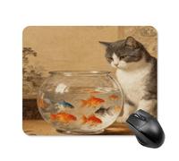 Mouse Pad Cute Non-Slip Rubber Base Desk Mat Cat and Fish Bowl Funny Square Mousepad for Office & Gaming, Decorative Computer Accessories for Home Office Desk