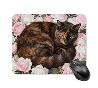 Mouse Pad Cute Non-Slip Rubber Base Desk Mat Tortoiseshell Cat in Roses Funny Square Mousepad for Office & Gaming, Decorative Computer Accessories for Home Office Desk