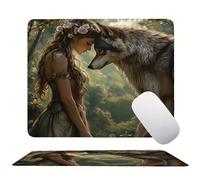 Mouse Pad Girl Wolf, Mini Gaming Mouse Pad 220x180mm, Non-Slip Rubber Base for Stable Grip on Smooth Surfaces, Improved Precision and Speed, with Anti-Fray Stitched Edges for Home Office s0z-229