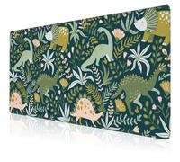 Mouse Pad, Large Dinosaurs with Tropical Plants Desk Mat, Extended Non-Slip Gaming Keyboard Mousepad Desk Pad, Thick Stitched Edges Waterproof Mouse Mat 31.5"x15.7" (Cute Dino and Flowers)