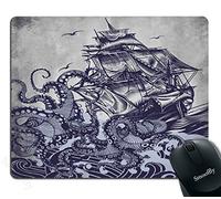 Mouse Pad Octopus,Customized Rectangle Non-Slip Rubber,Sail Boat Waves and Octopus Old Look Gaming Mouse Pad