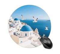 Mouse Pad, Santorini Greek Island Art Round Mouse Pad, Small Circular Design Mouses Mat for Office Laptops, for Computer Desk Wireless Mice