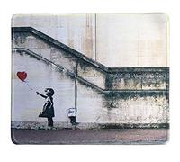 Mouse Pad w/Printing of a Girl with a Flying Balloon on The Wall - Stitched Border - 9.5x7.9 inches
