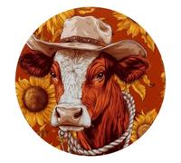 Mouse Pad, Western Red Cow in Cowboy Hat Sunflowers Rope Pattern Round Computer Mousepad Non-Slip Base, Gaming Mouse Mat for Laptop Office Home, 10 x 10 Inch