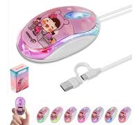Mouse with Cable USB C & USB A 2-in-1 Wired Mouse with 7-Colour LED Backlight, 1.5 Metre Cable Mice, 1000D-PI Mini Quiet Click Computer Mouse for Children PC, Laptop, Mac, Windows, Pink