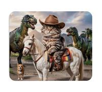 Mousepad Cowboy Cat Riding Horse with Dinosaurs Funny Western Humor Desk Accessory Unique Creature Scene Colorful Computer Mouse pad Novelty Gaming Mouse Mat Office Decoration Pet Lover Aesthetic