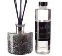 Mouth Blown Glass Reed Diffuser Gift Set, Cylinder Shape, Green, Black and Gold Marble Design (Peacock Lustre) with Cotton Flower Fragrance