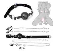Mouth Gag Nipple Clamps Set, Adjustable Metal Ball Gag with Nipple Clips and Chain, Ergonomic BDSM Bondage Restraints for Couples (2.8cm)