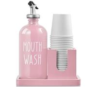 Mouthwash Dispenser for Bathroom, 16 OZ Glass Mouthwash Dispenser with Pour Spout and Wood Cup Holder and Tray, Mouth Wash Bottle Container, Farmhouse Kitchen Bathroom Decor and Accessories, Pink