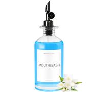 Mouthwash Dispenser for Bathroom, Clear Glass Mouth Wash Container with Stainless Steel Pour Spout, Refillable Mouthwash Bottle with Waterproof Labels, Farmhouse Decor, (12 oz, Black Pour Spout)