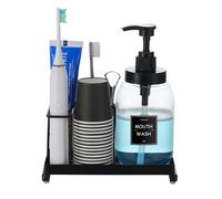 Mouthwash Dispenser with Toothbrush Holder,Mouth Wash Pump Bottle with Stainless Steel Cup Holder,24 OZ Refillable Clear Mouthwash Container with 21Pcs Paper Cups