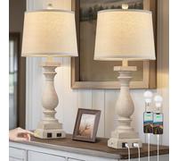 MOUVOVO 28" Tall Farmhouse Table Lamps Set of 2 with USB C+A Ports and AC Outlet, 3 Way Touch Control Rustic Bedside Lamp for Bedroom, Beige Vintage Nightstand Lamp for Living Room Office
