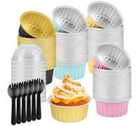 MOUYAT 100 PCS 125ml Aluminium Foil Baking Cups with Lids and Spoons, 4.2 oz Mini Cake Pans, Tart Pie Cupcake Containers for Wedding, Picnic, Birthday