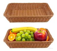 MOUYAT 2 Pack Wicker Bread Basket, 40x30x8 cm Rectangular Food Serving Basket, Brown Plastic Wicker Baskets for Serving, Display, Vegetables, Home Kitchen, Restaurant