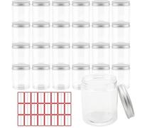 MOUYAT 24 Pack 250ml Plastic Jars with Lids, 8oz Wide Mouth Kitchen Storage Jars with Aluminium Screw on Lid and 2 Sheets Label, Leak Proof Clear Storage Jar for Kitchen, Spices, Grains, Coffee, Nut