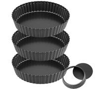 MOUYAT 3 Pack 10 inch 26cm Quiche Dish, 5.5cm Deep Round Non Stick Quiche Pan Tart Tin with Loose Bottom, Pie Tin Fluted Tart Pan for Baking, Quiches, Flans