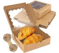 MOUYAT 30 PCS Bakery Box with Window, 20.3 x 20.3 x 6.5cm Cookie Boxes, Brown Paper Kraft Candy Boxes with Twine, Single Bakery Pastry Boxes for Gift Packaging, Cookie Packaging