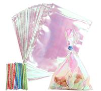 MOUYAT 300 Pcs Cellophane Sweet Bags, 4x6 Inch Small Cellophane Bags Iridescent Clear Small Party Bags with Coloured Twist Ties for Cookie, Treat, Birthday Party Favors