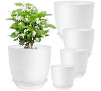 MOUYAT 5PCS White Plant Pot, 18/15.5/14/12.5/11.5cm Plastic Plant Pots Indoor with Drainage Holes and Saucers, Flower Pots Outdoor Small Pot for Living Room, Office, Garden